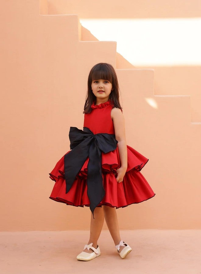PINK WINGS Girls Taffeta Knee Length Party Dress Frock (in, Age, 7 Years, 8 Years, Regular, Red) - Image 2
